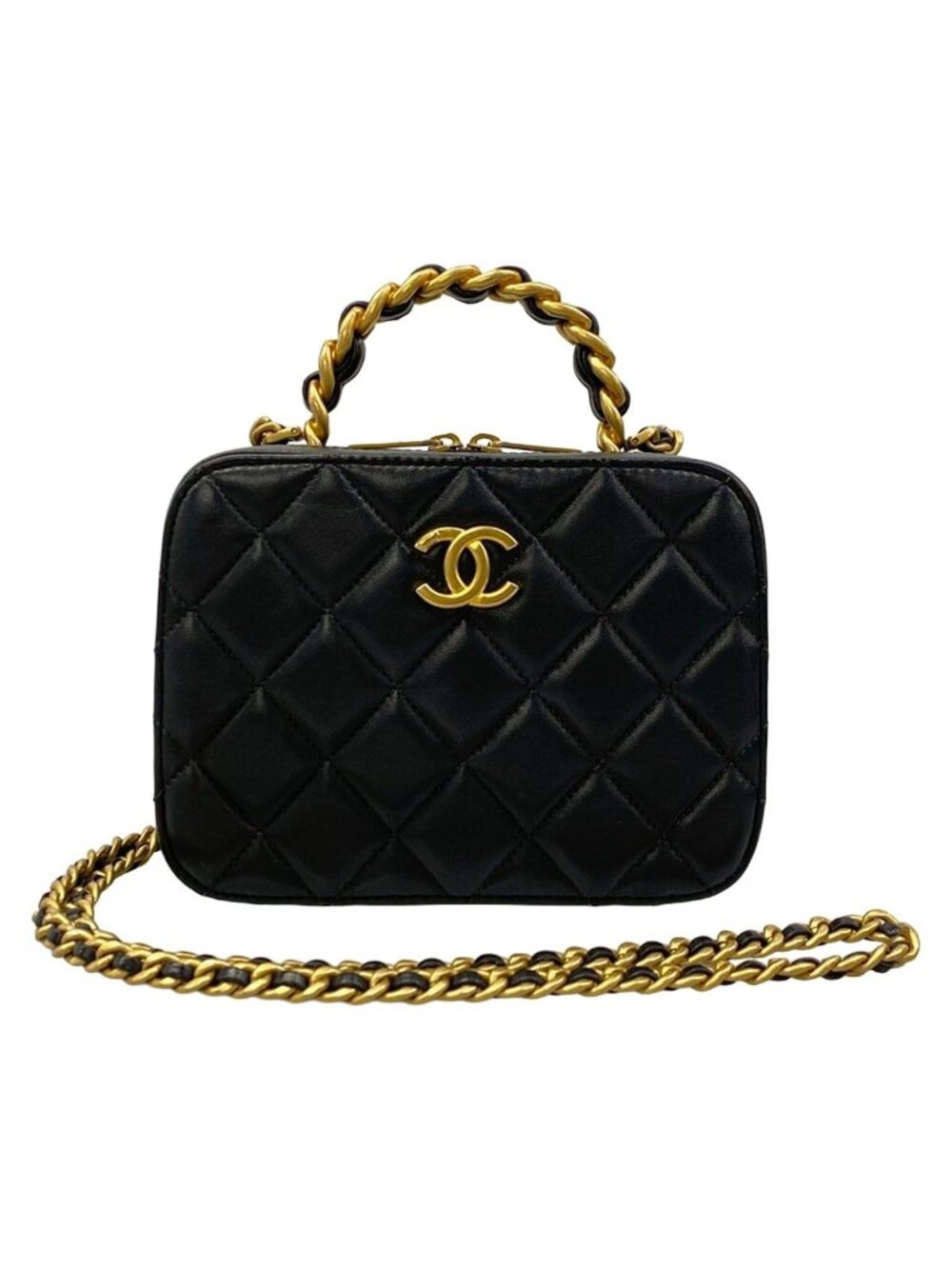 Chanel Vanity Bag Small Case Quilted Black Chain Shoulder Gold 2-Way Lambskin